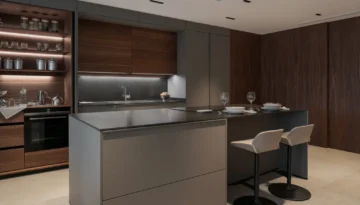 Cocina abierta al salón en gris visón y nogal